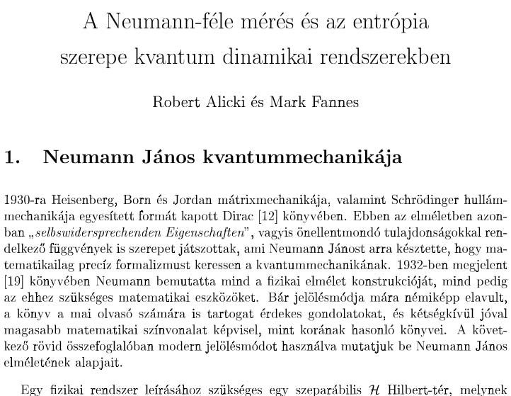 Robert Alicki és Mark Fannes - A Neumann-féle mérés és az entrópia szerepe kvantum dinamikai rendszerekben